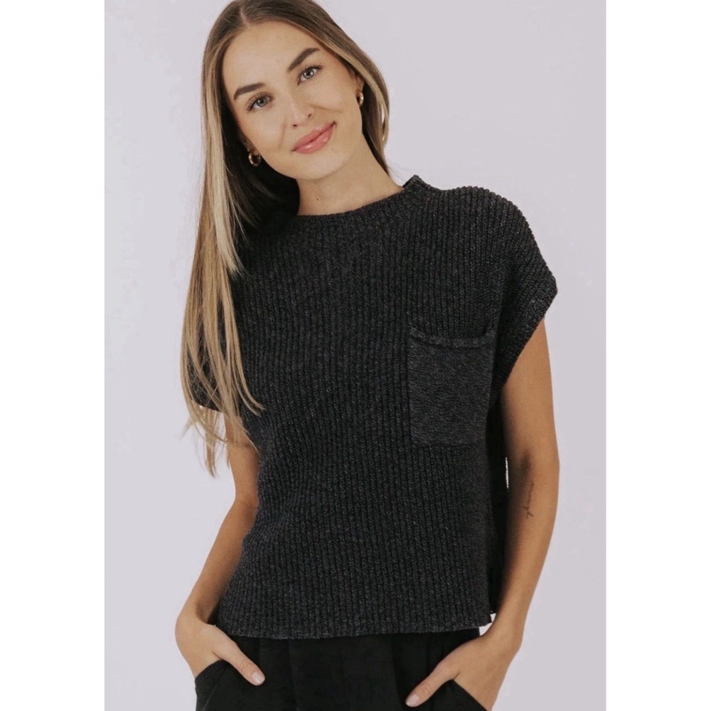 FREE PEOPLE Beach Freya Knit Dark Grey XL Sweater Oversized Mock Neck Cropped